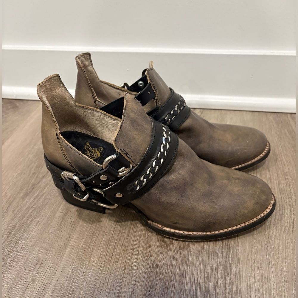 freebird Brown Leather Ankle Booties with Black Harness
